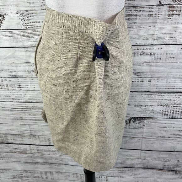 Vintage Liz Claiborne Skirt sz 8 Tan Khaki Wool Tweed Wrap Blanket Fringe Pencil - Picture 10 of 11